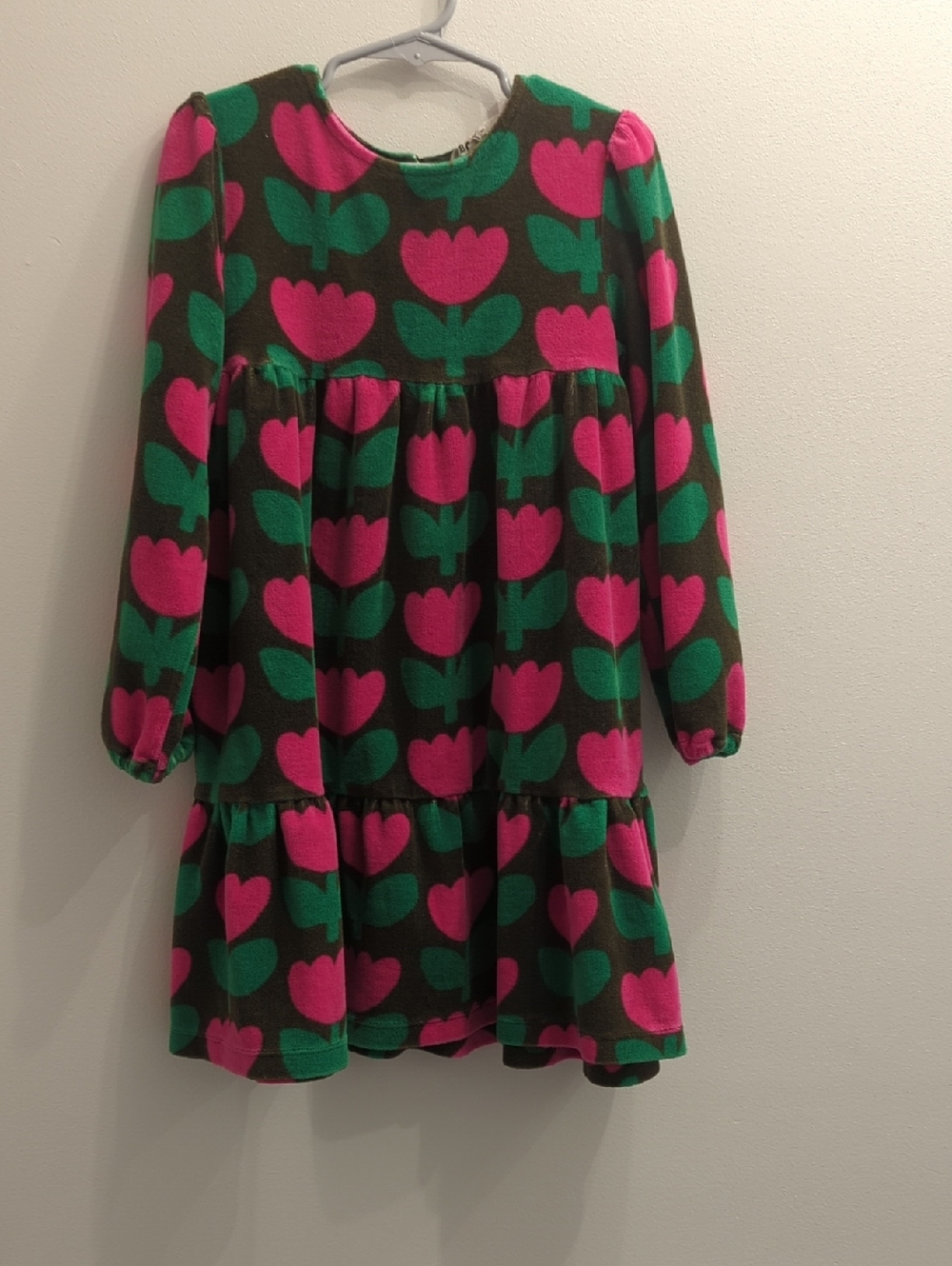 Mini Boden Green & Pink Floral Terry Tiered Dress (Girls 6-7Y)